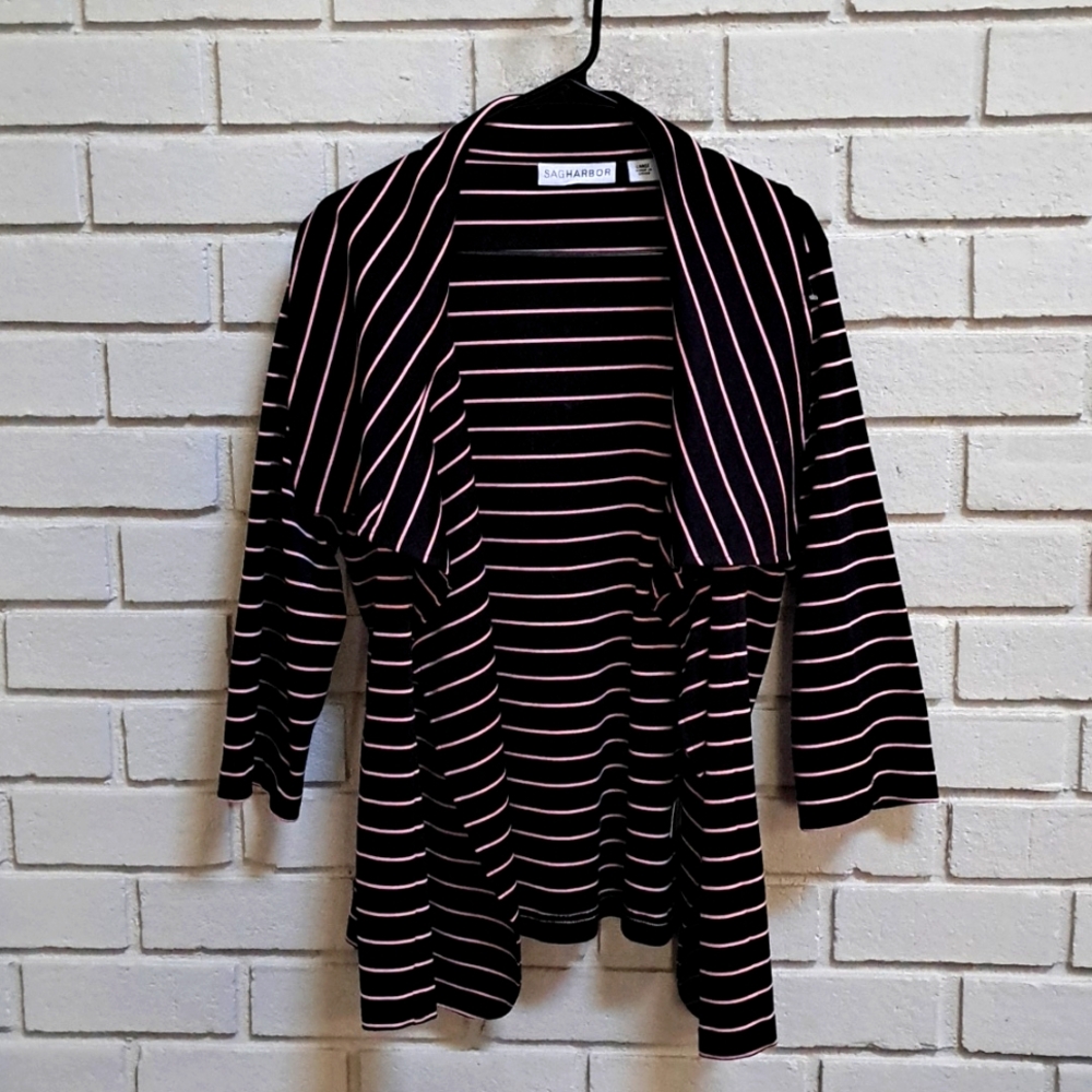 Sag Harbor Navy & Pink Striped  Oversized Open Front Blazer. Size Large NWOT